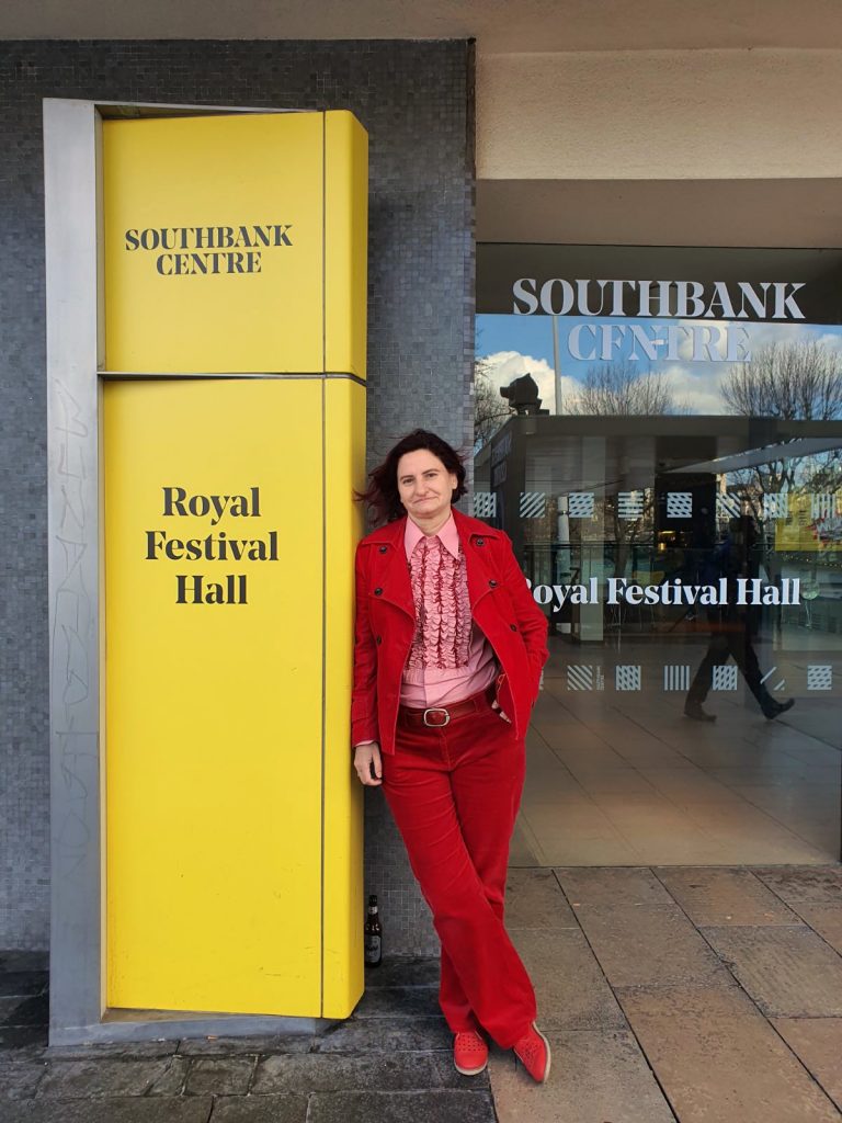Southbank; London; Anastasia Trahanas; standing out the front of the royal festival hall